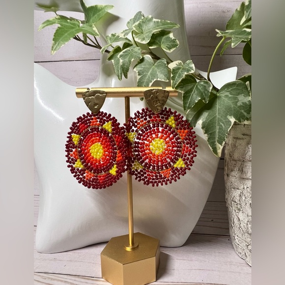 Red Boho Chic Dangle Earrings - Trendy Sun Beaded Dangle Earrings - - Picture 3 of 8